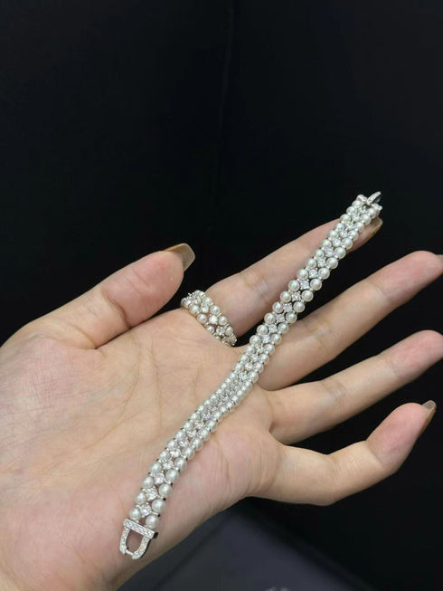 Layered Pearl Zirconia Jewelry Set – Necklace, Bracelet & Ring (Purchase Separately)